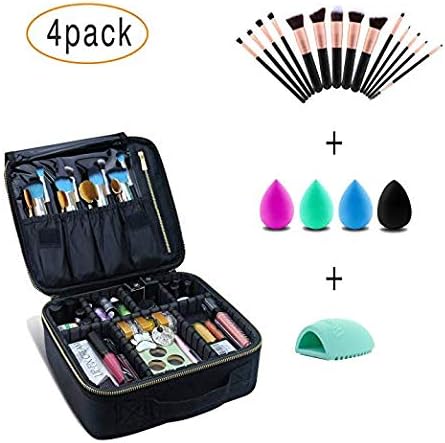 Makeup Bag and Makeup Accessories 4pcs, Makeup Train Case - 14pcs Makeup Brush - 4pcs Beauty Makeup Sponge - Silicone Makeup Brush Egg for Makeup Brushes