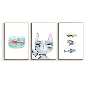 Framed Canvas Wall Art for Living Room, Bedroom Golden Fish Cat Canvas Prints for Home Decoration Ready to Hanging - 16"x24"x3 Panels