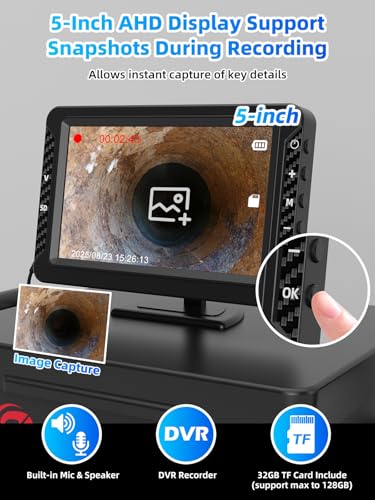 Caméra d'inspection de Drainage, Camera Canalisation 30m avec Enregistrement Vidéo et Audio, Camera HD pour Egout avec Sonde 18mm et Batterie 2100mAh, Endoscope Canalisation avec Carte TF 16 Go