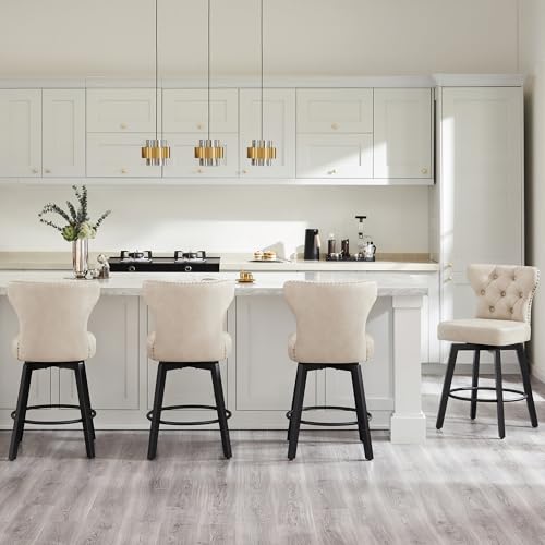 KISLOT Counter Height Barstools 26 inch Upholstered Button Tufted Swivel Bar Stools with Back and Wood Legs for Kitchen Island,Set of 4,Beige-Nailhead Trim