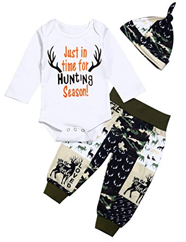 Newborn Baby Boy Girl Clothes Hunting Season Letter Print Romper+ Long Pants +Hat+Headband Outfits Set - Thumbnail 7