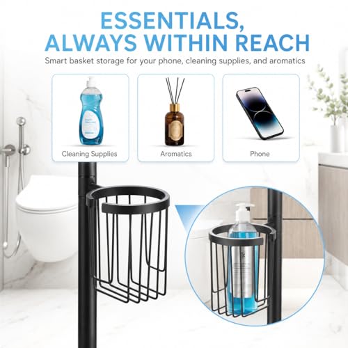 DAZI Toilet Brush Set with Toilet Paper Holder and Storage Basket, Stainless Steel Toilet Brush Freestanding, 3 in 1 Floor Standing Toilet Paper Holder Minimalist Style Space Saving