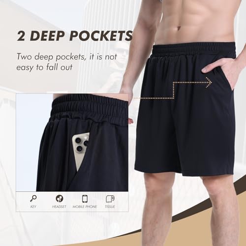 BOOJO 7 Pack Mens Athletic Shorts - Gym Basketball Running Workout Quick Dry Black Shorts with Pockets for Casual Performance