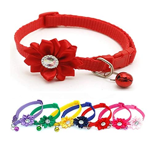 Small Dog Puppy Pet Collar Flower Floral Decoration with Bell Nylon Adjustable Size 19-32cm Red