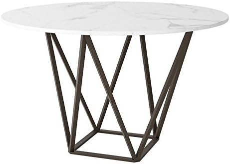 Maklaine 51.2" Round Dining Table in Stone and Antique Brass