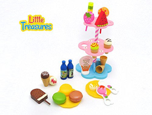 Sweet treats pretend play set from Little Treasures – Complete with desserts, ice cream, cones, popsicles, cookies, sauces, plates, spoons, sign, and stand – play set for children 3+