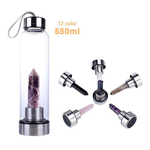 Natural Crystal Glass Water Bottle, Water Bottle with Gemstone Center Crystal Elixir Bottle with Natural Crystal Point Healing Obelisk Handheld Glass Energy Bottle (Dreamy Amethyst)