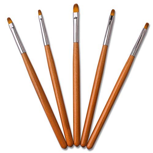 SILPECWEE 5Pcs Wooden Handle Nail Art Brush Set Uv Gel Builder Pen Cleaning Polish Glitter False Nail Extension Manicure Design Tools (2/4/6/8/10#)