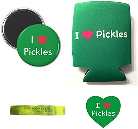 I Love Pickles Sampler Gift Pack (4pc Set) - I Heart Pickle Drink Cooler, Silicone Wristband, Magnet & I Love Pickles Sticker
