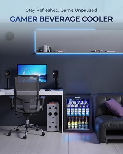 EUHOMY 60 Can Beverage Refrigerator cooler-Mini Fridge Glass Door for Beer Drinks Wines, Countertop Beverage Fridge with Adjustable Shelves Blue LED, 1.6 cu.ft