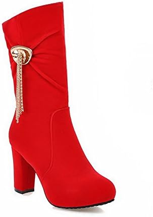 AmooTa Women's Mid Top Zipper Frosted High Heels Round Closed Toe Boots, Red, 42