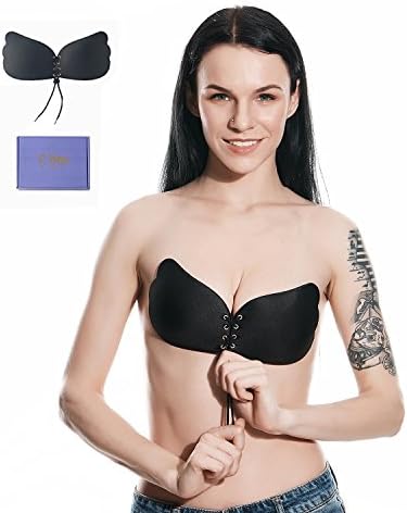 Self Adhesive Bra, Silicone Push Up Strapless Bras, Backless Reusable Invisible Drawstring Bra by Comfy Vicky (A Cup, Black)