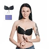 Self Adhesive Bra, Silicone Push Up Strapless Bras, Backless Reusable Invisible Drawstring Bra by Comfy Vicky (C Cup, Black)