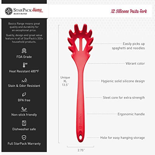 StarPack Basics XL Silicone Pasta Fork (13.5"), High Heat Resistant to 480°F, Hygienic One Piece Design, Spaghetti Strainer & Server Spoon (Cherry Red)