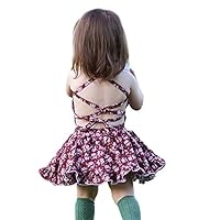 ZIYOYOR Toddler Baby Girls Floral Backless Dress Fashion Sleeveless Braces Sundress Vintage Halter Dress (Red, 2-3T)