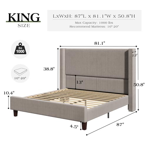 Jocisland King Size Upholstered Platform Bed Frame, 50.8" Corduroy Bed Frame with Wingback Headboard Vertical Tufted, Solid Wood Legs, No Box Spring Needed, Taupe