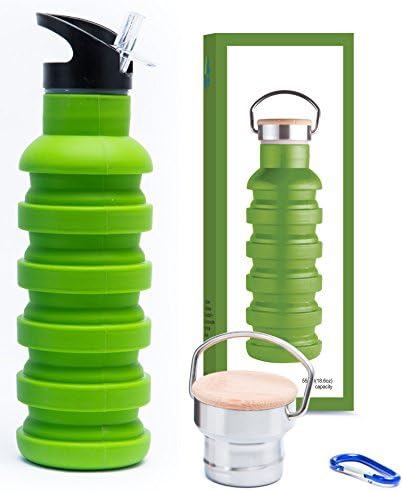 Collapsible Water Bottle with 2 Lids & Carabiner Clip โ Reusable Travel Water Bottle w/ Folding Cup Feature - BPA Free Silicone and Lightweight for Travel & Outdoors (18 oz hydration pack)