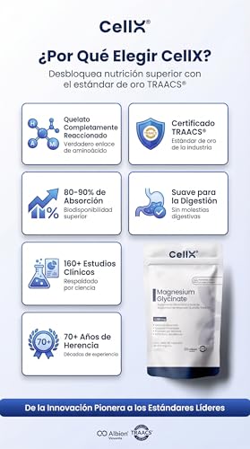 CellX | Magnesio Glicinato Quelado TRAACS Albion | 90 Cápsulas | 1360mg | 90 Servicios | Alta Absorción | Energía Natural, Relajación, Sueño y Bienestar | Duración 3 Meses