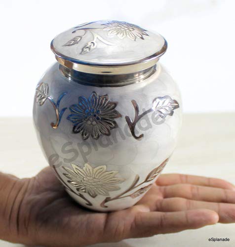 eSplanade Mother of Pearl Brass Cremation urn Memorials urns Container Jar Pot | Brass Urns | Metal Urn | Burial Urn | Memorial Urn (White)