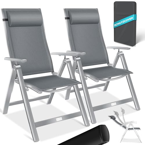 KESSER® Gartenstuhl Hochlehner mit Armlehnen 2er Set Aluminium Klappstuhl mit Kopfkissen & Abdeckung Campingstuhl 7-Fach Verstellbar Rückenlehne Atmun