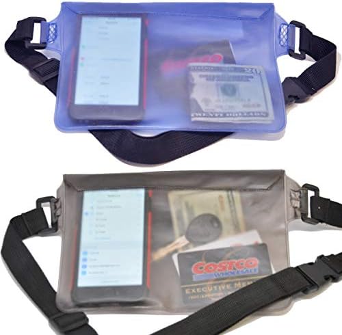 Terra Friendly Waterproof Pouch w/ Waist Strap (2 Pack). Great Protection for Your Personal Items While Swimming, Boating, Paddle Boarding, Kayaking, Skiing, Traveling, Beach (Charcoal/Blue)