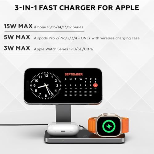 AMROAH Foldable 3 in 1 Wireless Charging Station for Apple Compatible with Magsafe Charger Stand, Magnetic Wireless Charger Station for iPhone 17 16 15 14 13 12, Airpods Pro, Apple Watch (Black)
