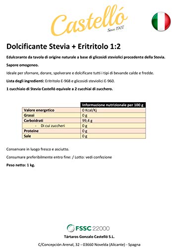 Stevia + Erythrit 1:2 SüÃstoff | 1g = 2g Zucker | 100% Natürlich schmeckender Zuckerersatz - 0 Kalorien - 0 Glykämischer Index - Keto und Paleo - 0 Netto-Kohlenhydrate - Castello since 1907-1 kg – Bild 8