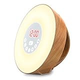 Coulax Wake Up Light Wood Sunrise Sunlight Alarm Clock with 6 Natural Sounds & FM Radio & Snooze Function and 7 Colors Bedside Lamp
