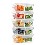 Fit & Fresh Divided Glass Containers, 5-Pack, Two Compartments, Set of 5 Containers with Locking Lids, Glass Storage, Meal Prep Containers with Airtight Seal, 27 oz.