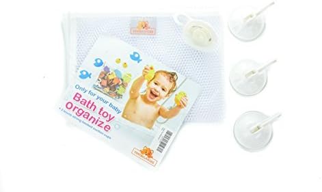 Bath Toy Organizer- Large Storage for Baby Boys &amp; Girls With 2 Heavy Duty Lock Sanction Cups With Hooks-2 FREE BONUS Extra Strong Sanctions- Attach Perfectly To Tile &amp; Glass- Large Mesh Organizer