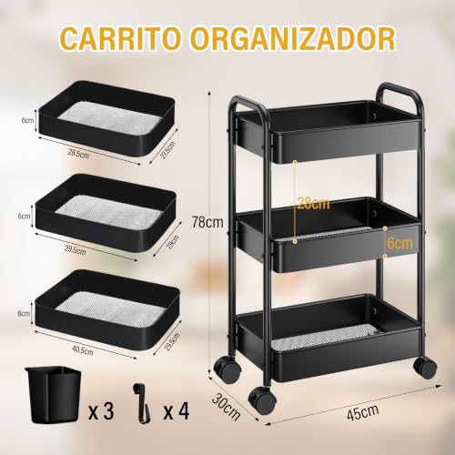 KIROGILY Carrito Organizador 3 Niveles, Carrito Organizador con Ruedas de Metal, Carritos Auxiliar con 4 Ganchos y 3 Cajas, Carritos de Servicio para Cocina Baño Estética (Negro)