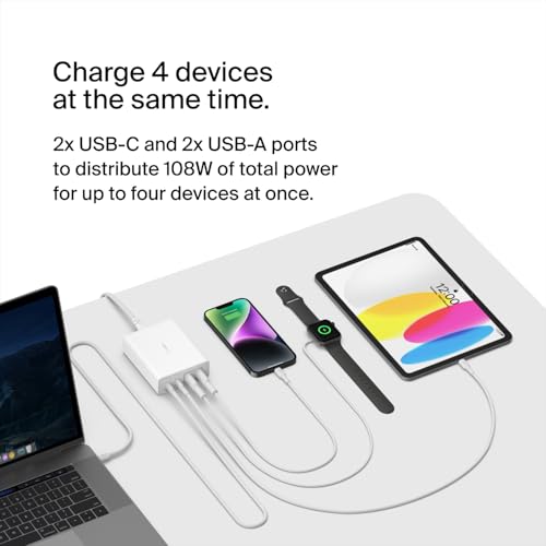 Belkin 4-Port Charger Block 108W - GaN Charger, Multi-Port w/ USB-C PD Fast Charge & USB-A Ports for Apple MacBook, iPhone 16, Samsung Galaxy S25, Google Pixel, Nintendo Switch 2 & More - White