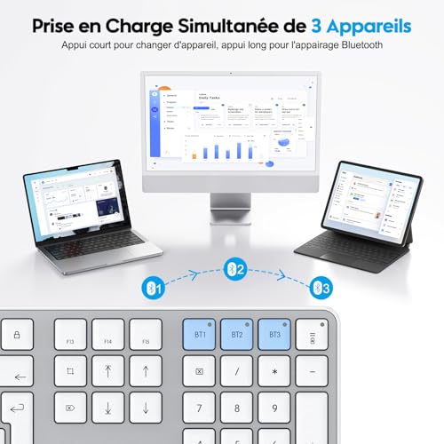 OMOTON Wireless Bluetooth Keyboard for Mac, Rechargeable French AZERTY Keyboard Multi-Device with 3 Bluetooth Channels for Apple MacBook Pro/Air, Mac Pro/Mini, iMac, Silver