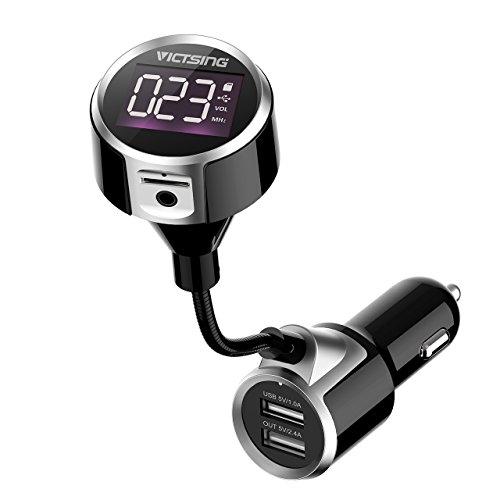 VicTsing V4.2 FM Transmitter, [New Version 1 Key Button Operation] Bluetooth FM Transmitter, In-Car Stereo Radio Adapter Car Kit with Dual USB Ports, Supports Aux Output, TF Card and U-disk Memory,Black