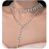 BERYUAN Bohemain Lariat Silver Crystal Rhinestone Y Pendant Necklae Long Necklace for Women Lariat Dainty Silver Necklace Rhinestone Choker Necklace
