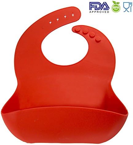 Silicon Baby Bibs FDA Approved Best Waterproof Soft Comfortable Dishwasher Safe With Food Catcher Pocket Snaps Bib (Red)