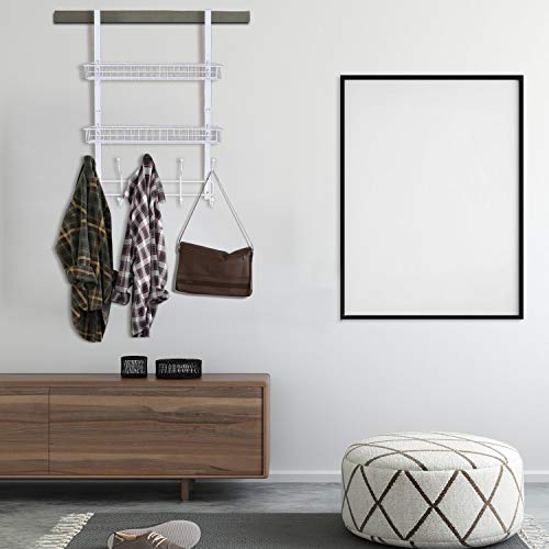 Coat Rack, MILIJIA Over The Door Hanger with Mesh Basket, Detachable Storage Shelf for Towels, Hats, Handbags, Coats (White-2 Layer)