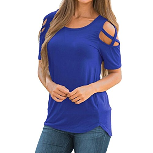 Quartly Women Fashion Strappy Cold Shoulder Tees Shirt Stripe Baggy Tops Loose Summer T-Shirt Pullover Casual Blouse (S, Blue)