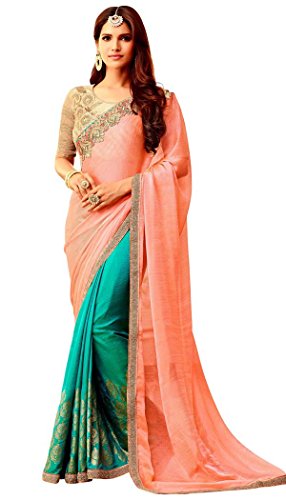 INMONARCH Womens Teal and Salmon Silk Chiffon Wedding Saree SLKI107