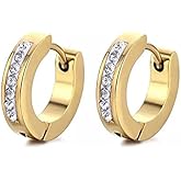 AT Jewellery - Stainless Steel Single Row Diamond Gold Hoop Earrings