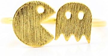 SeaBlue Boutique PAC MAN AND GHOST RING, Gold Plated Alloy Ring, Gold Ring Adjustable for Women Ring Size 6-7 Designer Ring