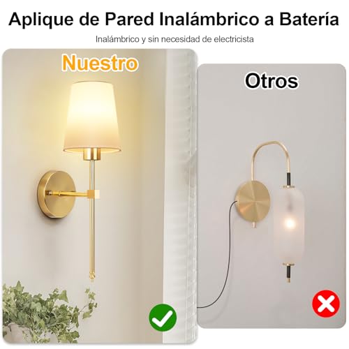 Apliques de Pared Inalámbricos Recargables, Juego de 2 Lámparas de Pared con Control Remoto, Luz LED Regulable 3000K-6500K RGB, Sin Cable, para Recámara, Sala, Pasillo, Cocina