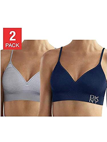 DKNY Women's Energy Seamless Bralette Everyday Comfort - 2 Pack (Medium, Blue- Pinstripe Grey)