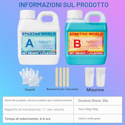 Silicone for Moulds 20A, 1L Green Liquid Silicone for Moulage, 1:1 Per Volume, Non-Toxic, Perfect for Making Resins, Moulage, Wax, Plaster