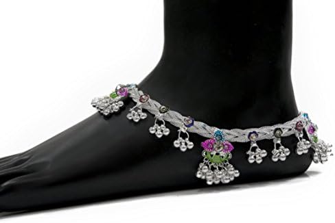 Pure Silver Plated Indian Anklet Pair with Faux Crystals - Length: 10.2 inches with S-hook closure