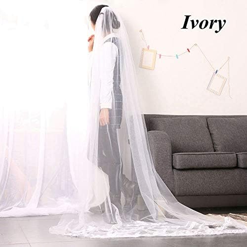 ZHIYI 3m Long White Ivory Bridal Wedding Dress Veil Lace Edge Cathedral Length Veil with Comb