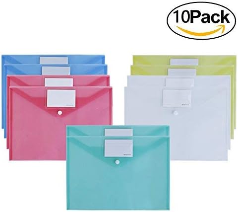 Ofilon File Envelopes, Pack of 10, 5 Color 12.5" x 9" Size Poly File Envelope Folder with Label Pocket & Snap Button, Water Resistant Document File Bags for US A4 Letter Project Filing Paper Organizer