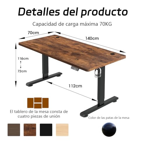 Airfish Höhenverstellbarer Schreibtisch 140x70 cm, Elektrisch Schreibtisch mit Kabelwanne, Computertisch mit USB-Buchse, Bürotisch, Stehpult mit Erinnerung an sitzende Tätigkeiten, Vintage-Braun thumbnail 3