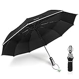 Travel Umbrella Windproof with Teflon Coating, Ace Teah Automatic Folding Umbrella Auto Open Close, 10 Ribs Compact Black Rain Umbrella for Men Women with Safety Reflective Strip – Black