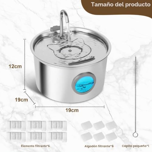 Cat Fountain Stainless Steel 3.2 L, 6 Filters and 6 Sponges | Level window, 0.5W pump and less than 25dB; system with 6 cartridges and 6 pads, detachable for cleaning